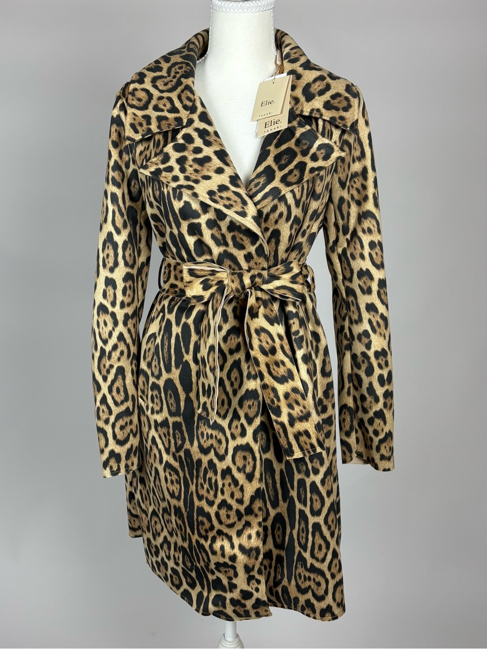 Elie Tahari Leopard Print Belted Pea Coat in Tan and Black